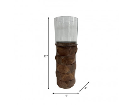 Sagebrook 12" Wood Stacked Hexagon Pillar Hurricane - Brown