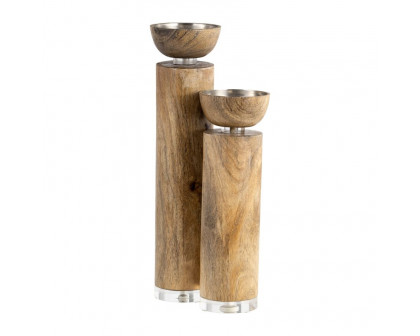 Sagebrook 11" Wood Acrylic Detail Taper Candle Holder - Natural