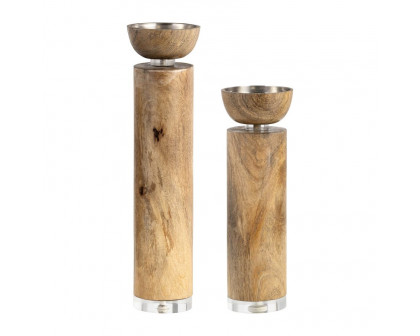 Sagebrook 14" Wood Acrylic Detail Taper Candle Holder - Natural