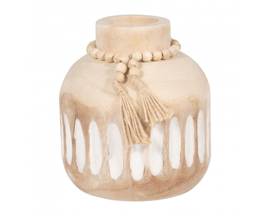 Sagebrook 8" Wood Round Ridged Vase with Tassels