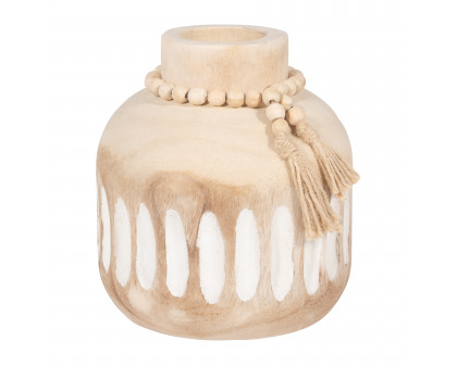 Sagebrook 8" Wood Round Ridged Vase with Tassels