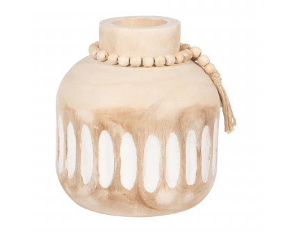 Sagebrook 8" Wood Round Ridged Vase with Tassels - Natural