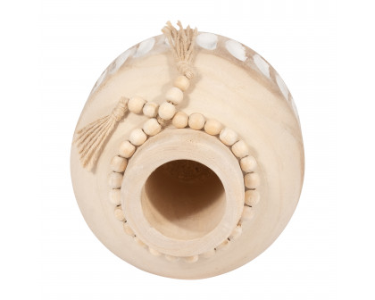 Sagebrook 8" Wood Round Ridged Vase with Tassels - Natural