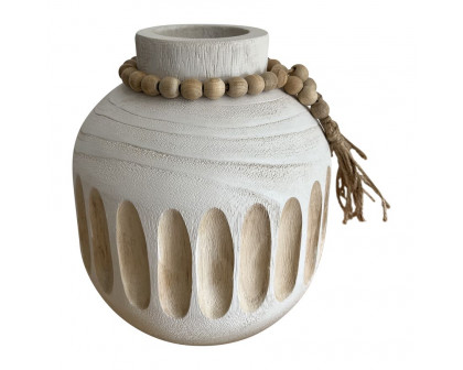 Sagebrook 8" Wood Round Ridged Vase with Tassels