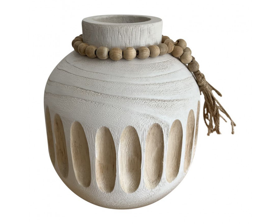 Sagebrook 8" Wood Round Ridged Vase with Tassels - White