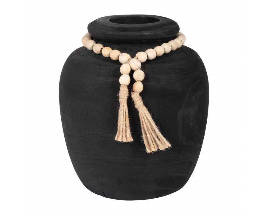 Sagebrook - 8" Wood Round Vase with Tassels in Black