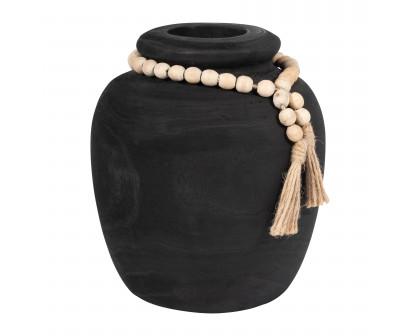 Sagebrook - 8" Wood Round Vase with Tassels in Black