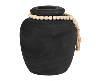 Sagebrook - 8" Wood Round Vase with Tassels in Black