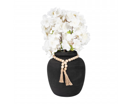 Sagebrook - 8" Wood Round Vase with Tassels in Black