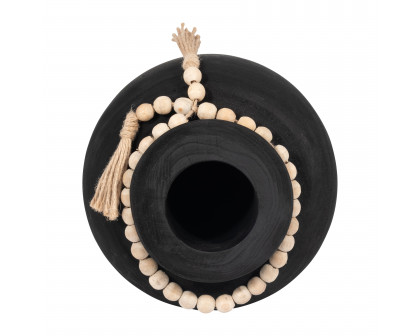 Sagebrook - 8" Wood Round Vase with Tassels in Black