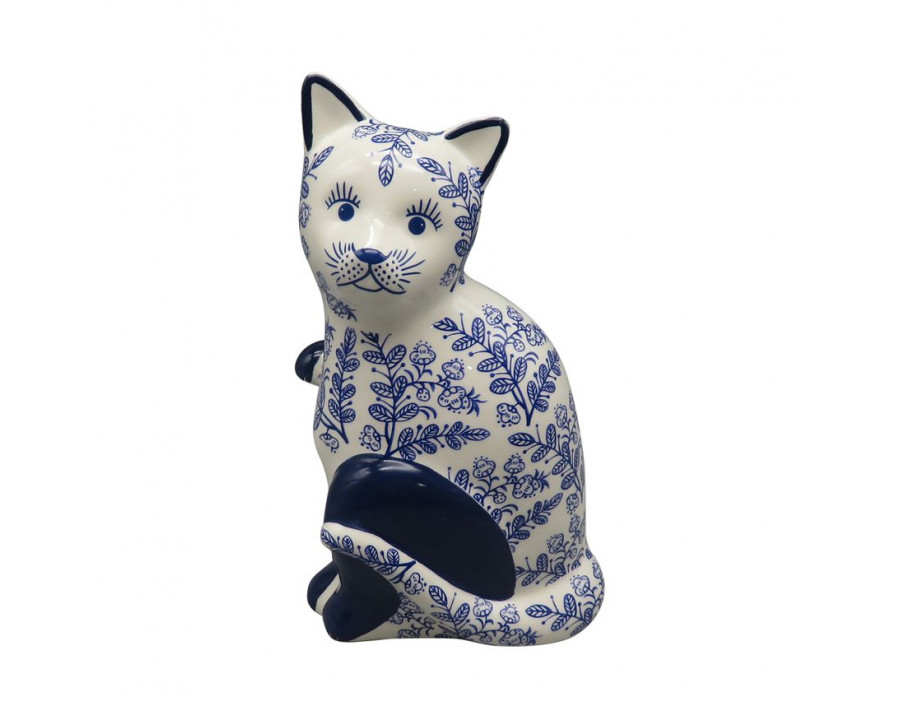 Sagebrook 8" Ceramic Sitting Chinoiserie Cat - Blue/White