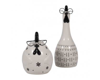 Sagebrook 7" Ceramic Chubby Rooster With Glasses - Black/White