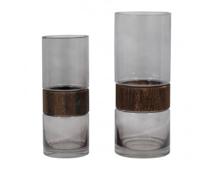 Sagebrook 10" Glass Cylinder Vase With Wood Band - Clear