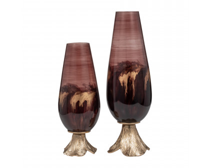 Sagebrook 15" Glass Vase with Leaf Base - Bronze