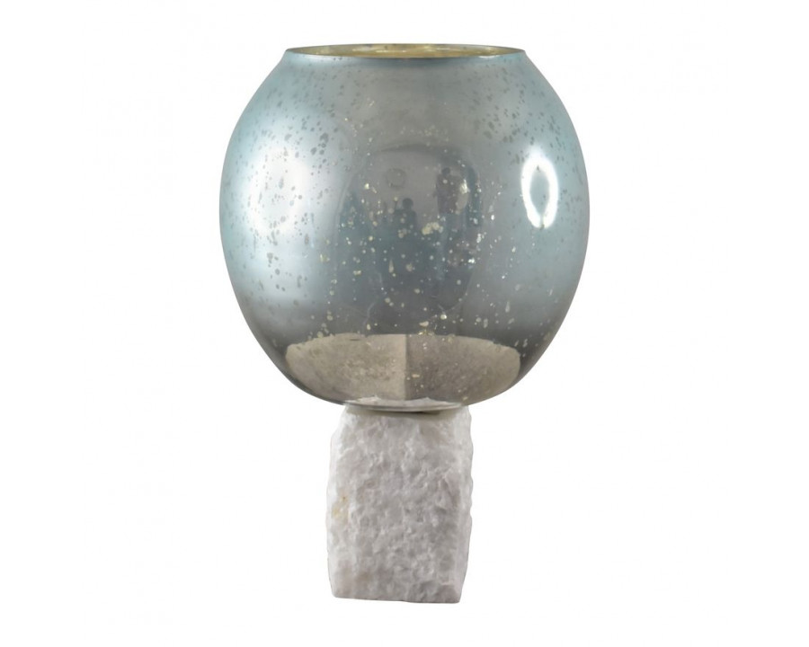 Sagebrook 15" Glass Bowl Pillar Holder Marble Base - Aqua/White