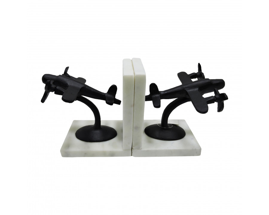 Sagebrook - 6" Metal Airplane Bookends On Marble (Set Of 2) in Black/White