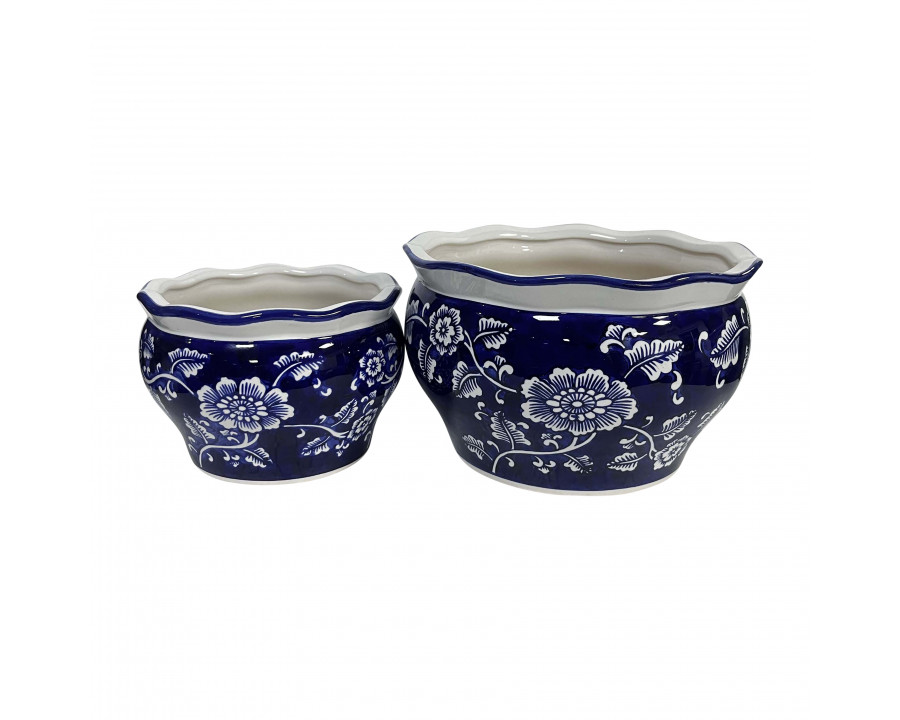 Sagebrook 6"/8" Ceramic Round Chinoisere Planters (Set Of 2) - Blue/White