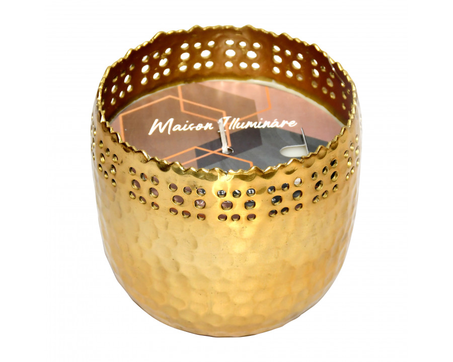 Sagebrook - 4" 17 Oz Santal Vanilla Pierced Metal Candle in Gold