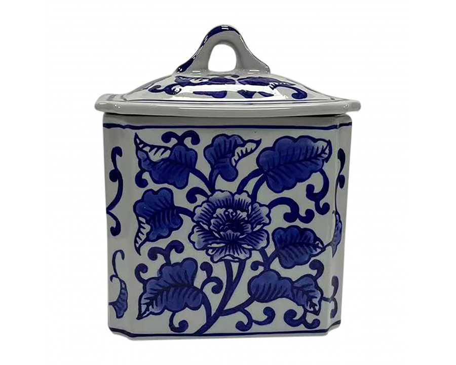 Sagebrook - 6" 13oz Ceramic Rectangle Chinoiserie Candle with Lid in White/Blue