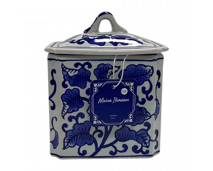 Sagebrook - 6" 13oz Ceramic Rectangle Chinoiserie Candle with Lid in White/Blue