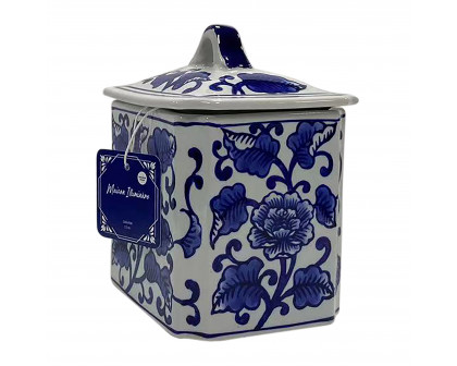 Sagebrook - 6" 13oz Ceramic Rectangle Chinoiserie Candle with Lid in White/Blue