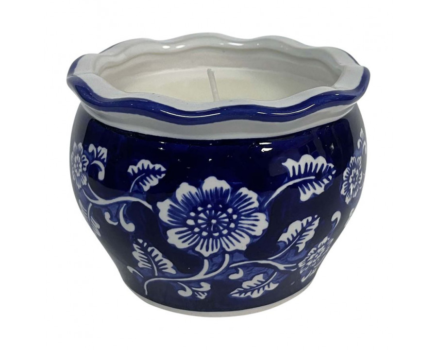 Sagebrook - 4" 7 Oz Round Chinoiserie Candle in Blue/White