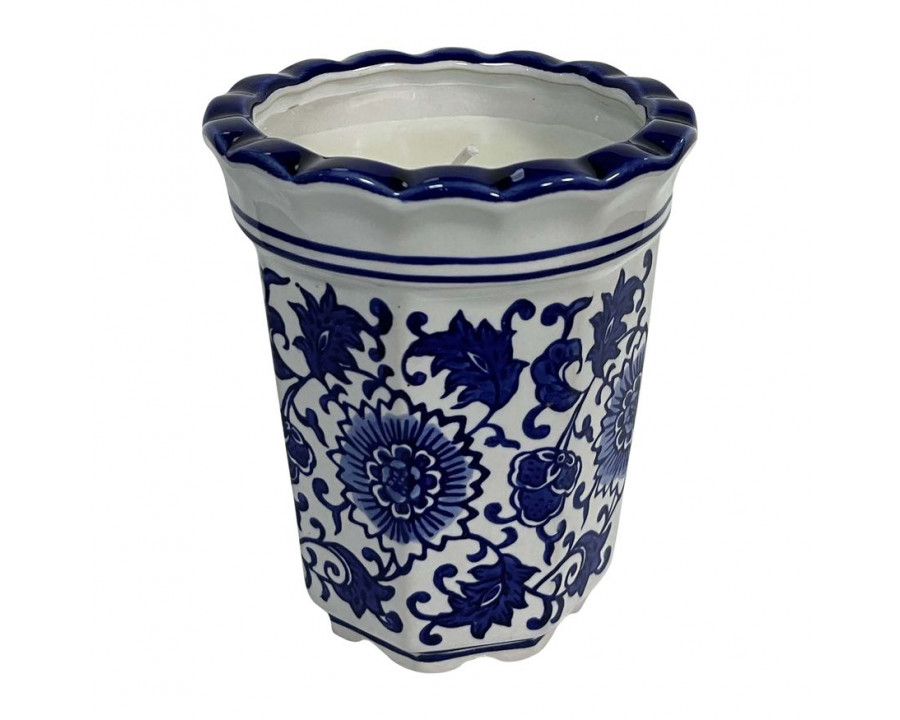 Sagebrook - 4" 7 Oz Fluted Chinoiserie Candle in Blue/White