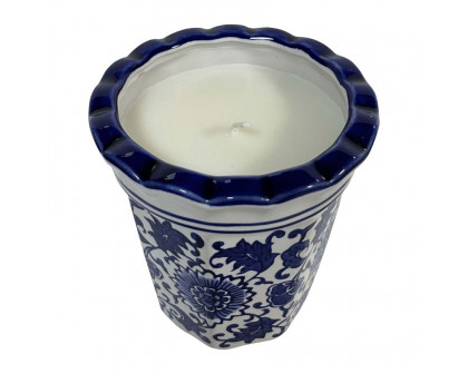 Sagebrook - 4" 7 Oz Fluted Chinoiserie Candle in Blue/White