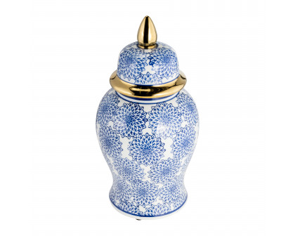 Sagebrook - 14" Temple Jar with Dalhia Flower in Blue/White