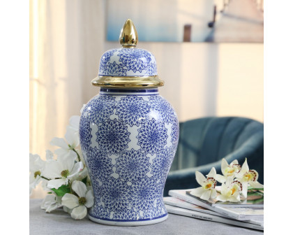 Sagebrook - 14" Temple Jar with Dalhia Flower in Blue/White