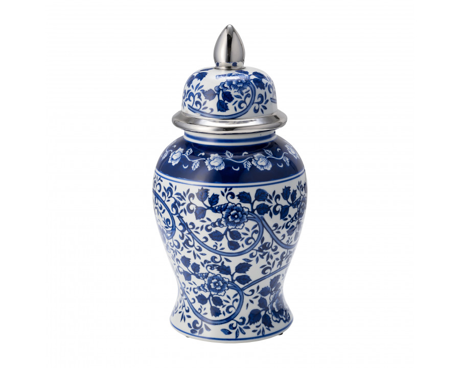 Sagebrook 14" Ceramic Blue/White Temple Jar - Silver