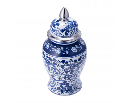 Sagebrook 14" Ceramic Blue/White Temple Jar - Silver