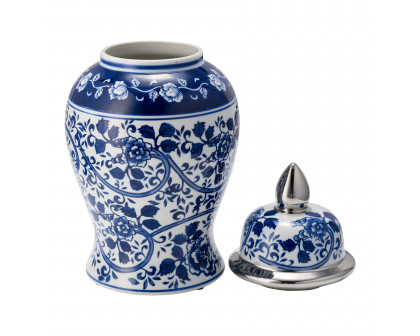 Sagebrook 14" Ceramic Blue/White Temple Jar - Silver