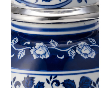 Sagebrook 14" Ceramic Blue/White Temple Jar - Silver