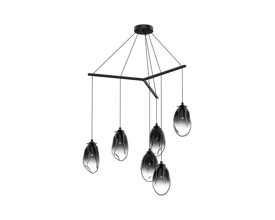 Sonneman Liquid LED Chandelier - Satin Black, 6-Light Standard, Tri-Spreader, Smoke Fade Glass