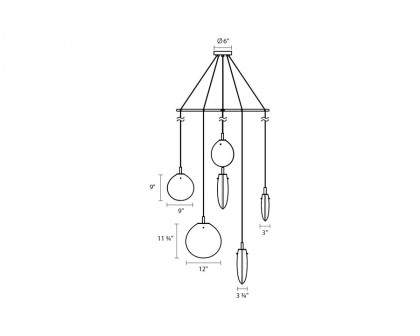 Sonneman Cantina LED Chandelier - Satin Black, 6-Light Tri-Spreader, Clear Glass