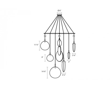 Sonneman Cantina LED Chandelier - Satin Black, 9-Light Tri-Spreader, Clear Glass