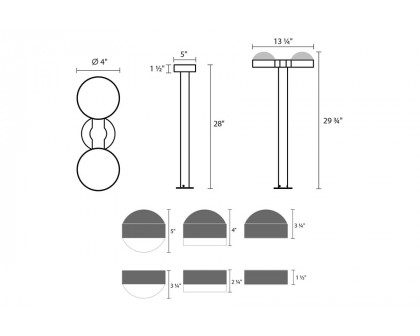 Sonneman REALS LED Double Bollard - Textured Gray, 28", Dome Caps and Dome Lenses