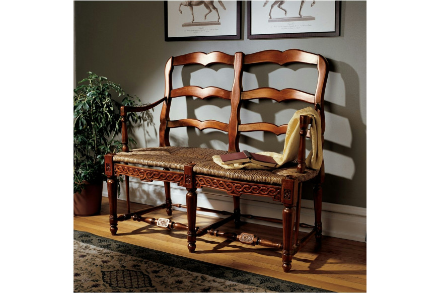 Toscano™ French Provincial Settee - Brown, Woven Rush/Mahogany