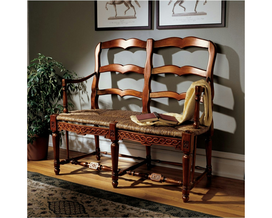 Toscano - French Provincial Settee in Brown, Woven Rush/Mahogany