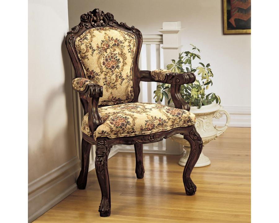 Toscano - Carved Rocaille Chair in Beige, Fabric/Mahogany