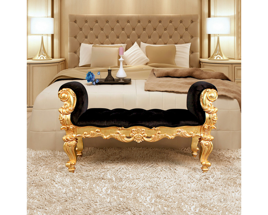 Toscano - The Arrondissement Tufted Double Rolled Arm Bench in Black/Gold, Velvet/Mahogany