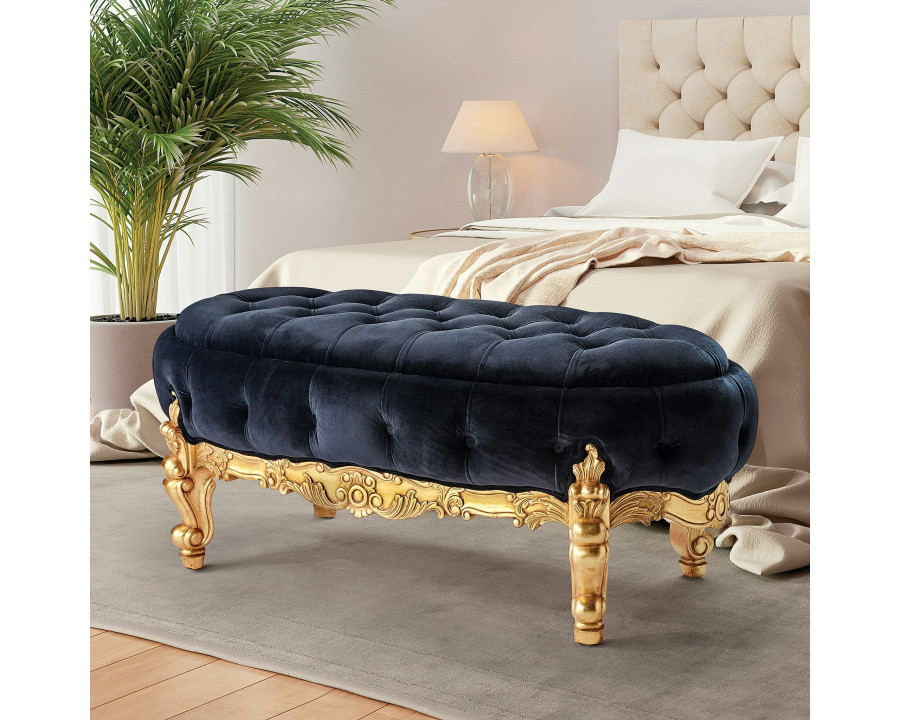 Toscano - 7th Arrondissement Tufted Oval Bench in Ebony/Gold, Velvet/Mahogany