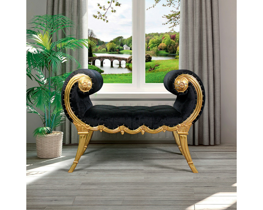 Toscano - Apolline Crescent Scrolled Boudoir Bench in Ebony/Gold, Velvet/Mahogany