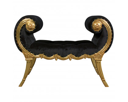 Toscano - Apolline Crescent Scrolled Boudoir Bench in Ebony/Gold, Velvet/Mahogany