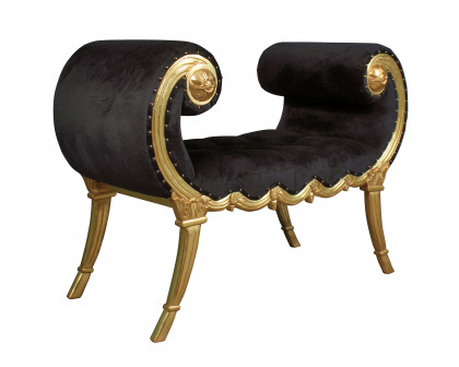 Toscano - Apolline Crescent Scrolled Boudoir Bench in Ebony/Gold, Velvet/Mahogany