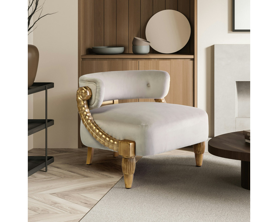 Toscano - Contemporary Ammon Horn Tub Chair in Ivory/Gold, Velvet/Mahogany