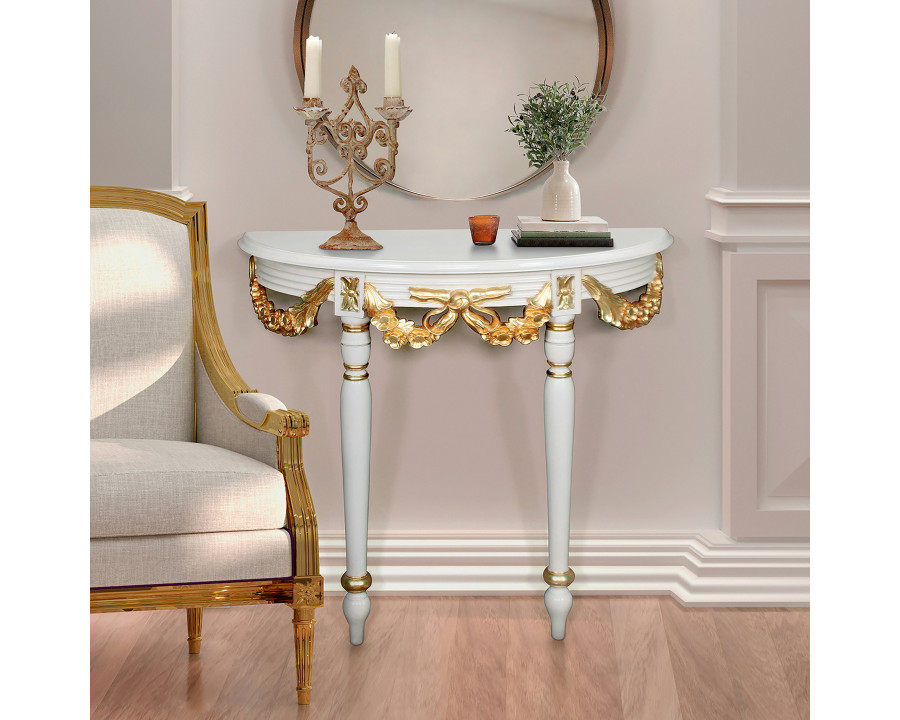 Toscano - Louis XVI-Style Crescent Golden Ribbon Wall Console Table in Ivory/Gold, Mahogany