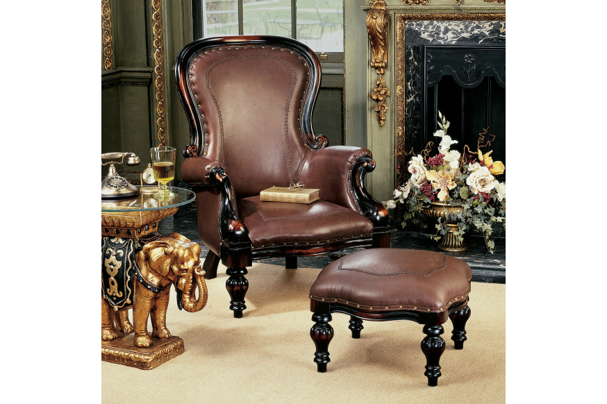 Toscano™ Victorian-Style Wing Chair with Ottoman - Brown, Faux Leather