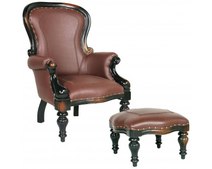 Toscano™ Victorian-Style Wing Chair with Ottoman - Brown, Faux Leather